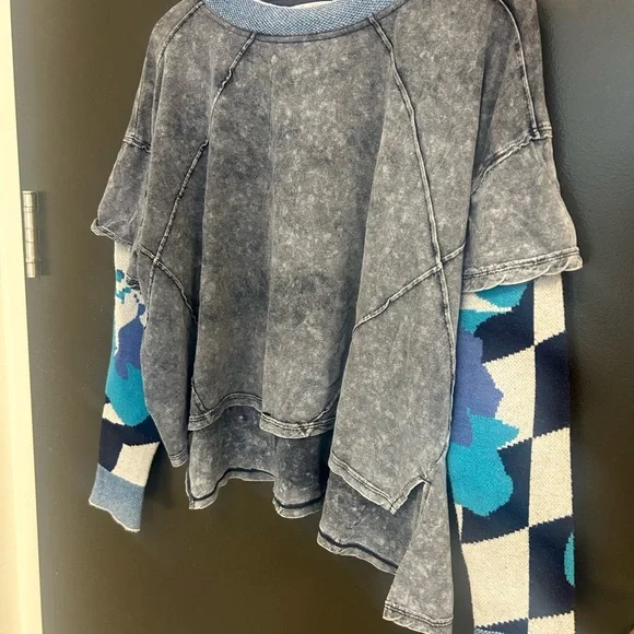 We The Free Gray and Blue Patchwork Top - Picture 3 of 15